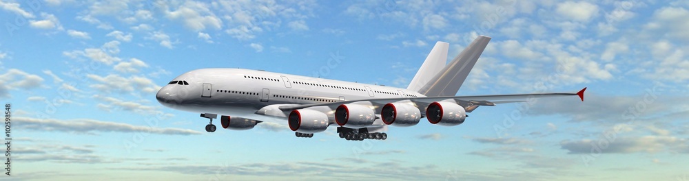 Modern Passenger Airplane fly in the sky - panorama Modern Passenger Airplane fly in the sky - panorama