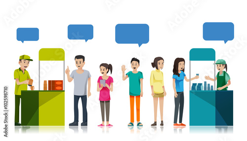 People queue to get free sample product at store.Promotion Counter at store.Illustration for idea of shopper.Approach to communication for supermarket. Graphic design and vector EPS 10.
