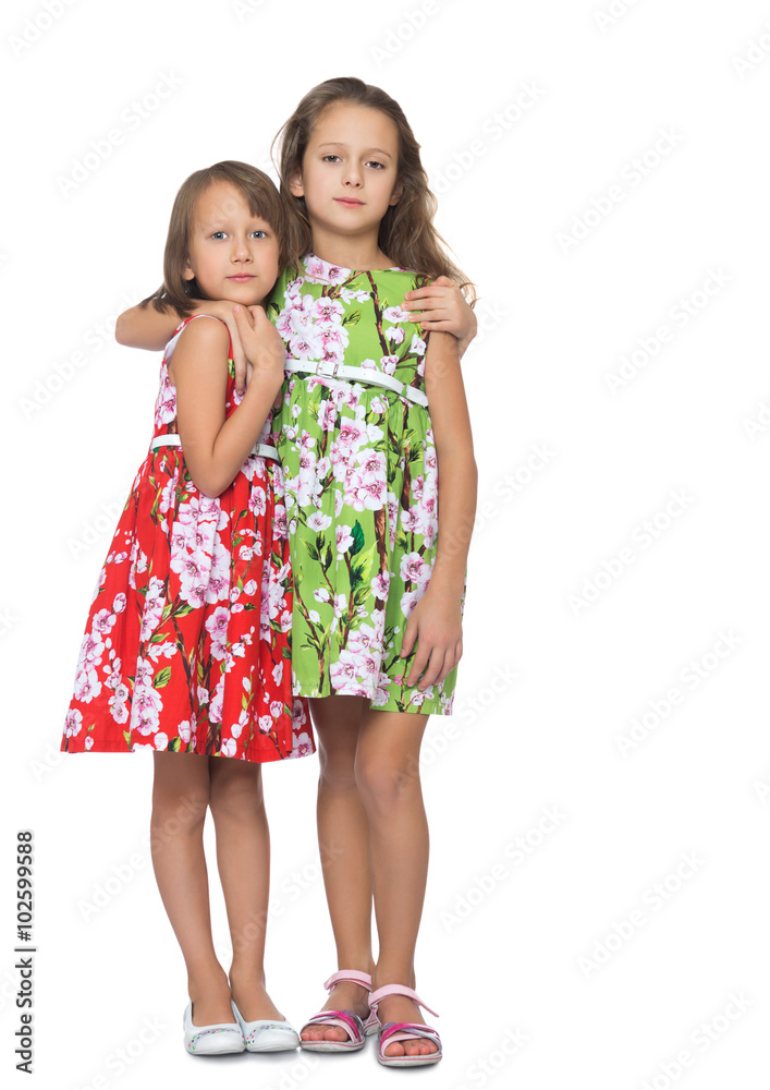 two beautiful girls in elegant summer dresses hugging each other - Isolated on white background two beautiful girls in elegant summer dresses hugging each other - Isolated on white background