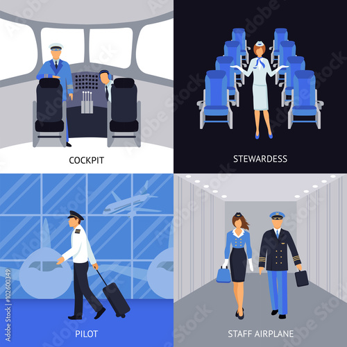 Pilot And Stewardess 4 Flat Icons 