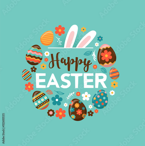 Colorful Happy Easter greeting card with rabbit, bunny and text