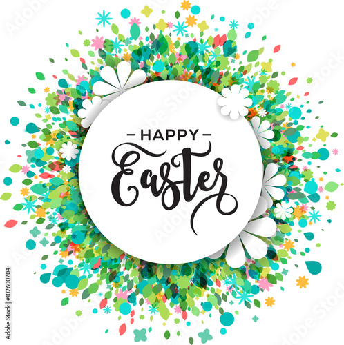 Colorful Happy Easter and spring greeting card, poster with flowers