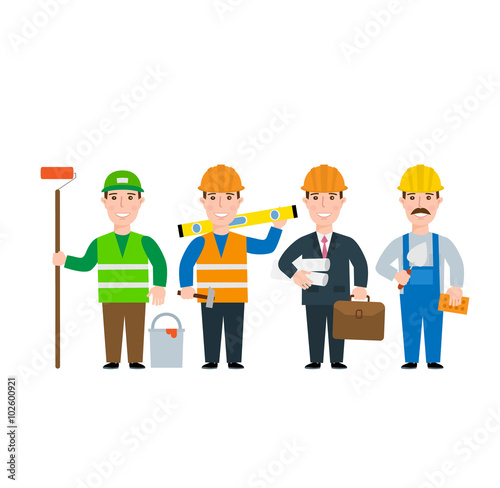 builders and workers in uniform set. builder worker engineer painter isolated on white background