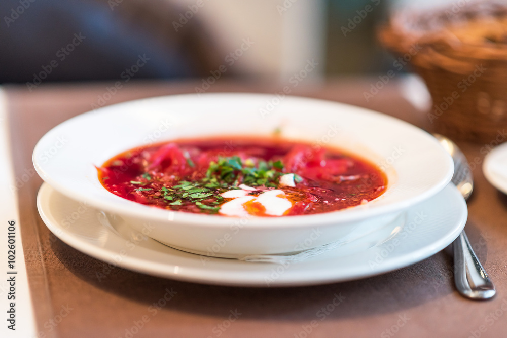 Red borscht soup with meat and dill Red borscht soup with meat and dill