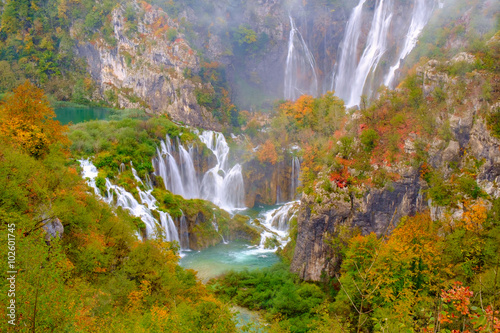 Waterfall the Plitvice Lakes in autumn