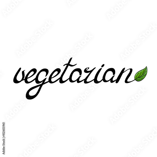 Handwritten word vegetarian decorated with a leaf.
