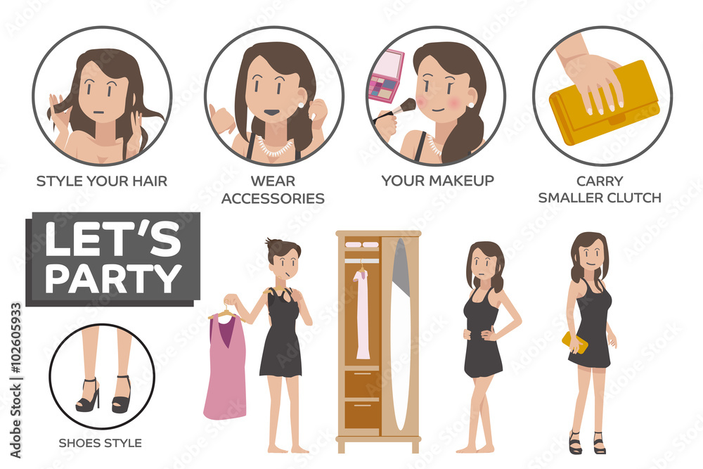 How to Social Event.Dress women appropriately for party.Clothing arrangements for event social.Illustration for idea and approach to communication for party.Info-graphic of a party. EPS 10. How to Social Event.Dress women appropriately for party.Clothing arrangements for event social.Illustration for idea and approach to communication for party.Info-graphic of a party. EPS 10.