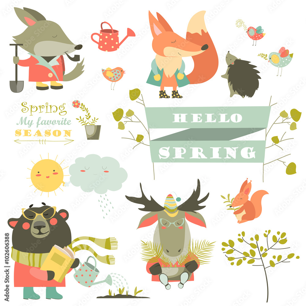 Set of cartoon characters and spring elements Set of cartoon characters and spring elements