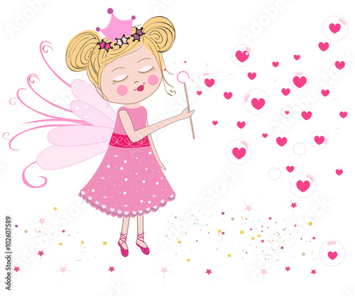 Cute fairy blows soap bubbles. Heart balloon bubbles. Valentine's Day greeting card vector