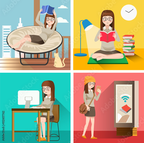 Reading life.Education in the media.Lifestyle woman.Illustration for idea of reader.Flat character design.Self-study.Hobby in holiday. The routine of students.Graphic design and vector EPS 10.