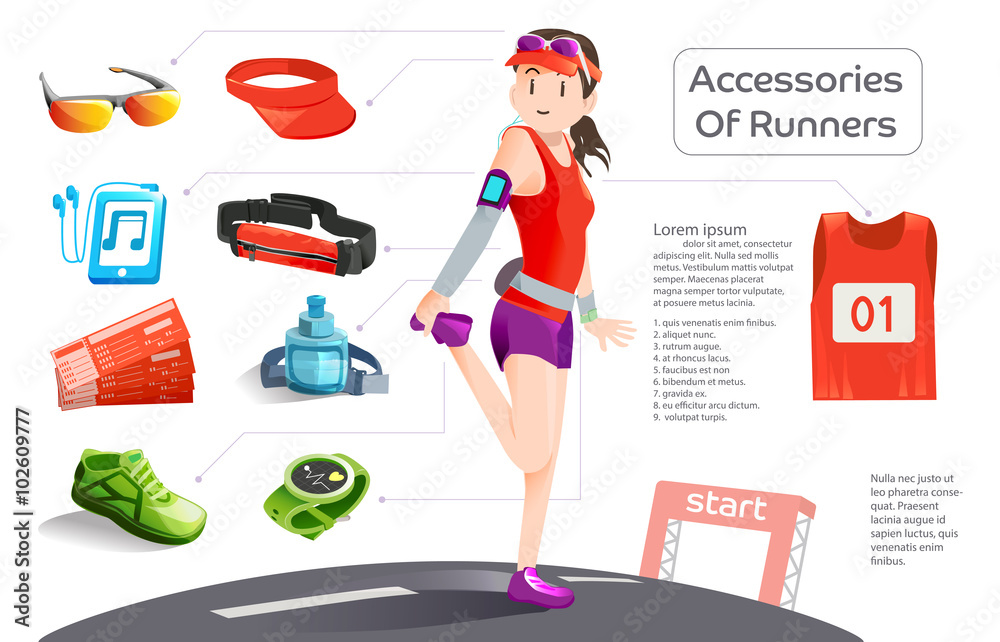 Basic 9 equipment of runner in the running challenge.Uniform of