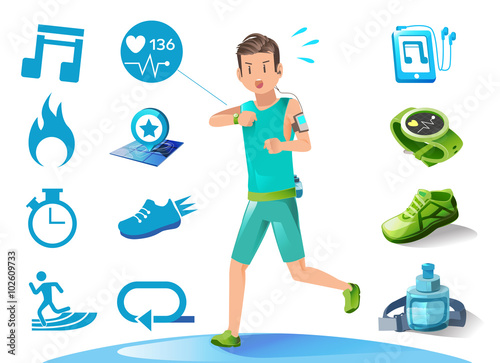 The running man check heart rate.Icon and illustration for advertise running sport.Runners with new technology in modern lifestyle.Basic running Graphic application. Graphic design and vector EPS 10.