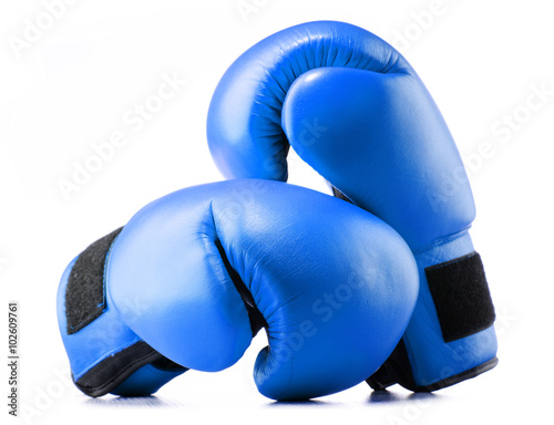 Pair of blue leather boxing gloves isolated on white