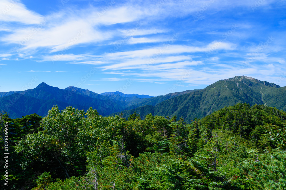 Main ridge of the southern Japan Alps, view from the peak of Mt.Kaikomagatake in Japan