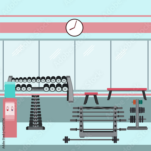 Gym interior with dumbbells, barbells and weights.