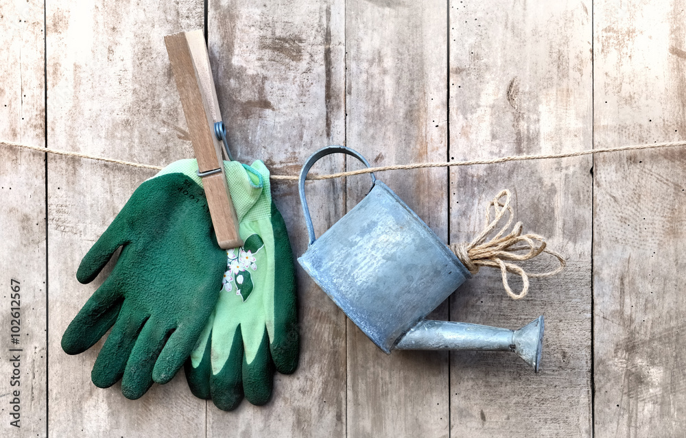 gants de jardinage et arrosoir suspendu à une corde 