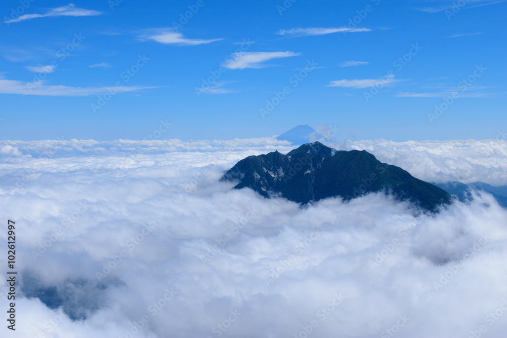 Houou three mountains and Mt.Fuji, view from the peak of Mt.Kaikomagatake in Japan Houou three mountains and Mt.Fuji, view from the peak of Mt.Kaikomagatake in Japan