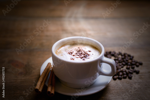 a cup of cappuccino  with cinnamone and star anise on vintage wooden background photo