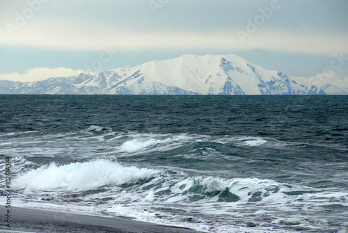 Pacific Ocean from Kamchatka peninsula Khalaktyrsky beach of the Pacific at Kamchatka peninsula, near Petropavlovsk-Kamchatsky, Russia.