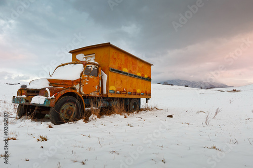 Old beehive truck in slovak countryside.