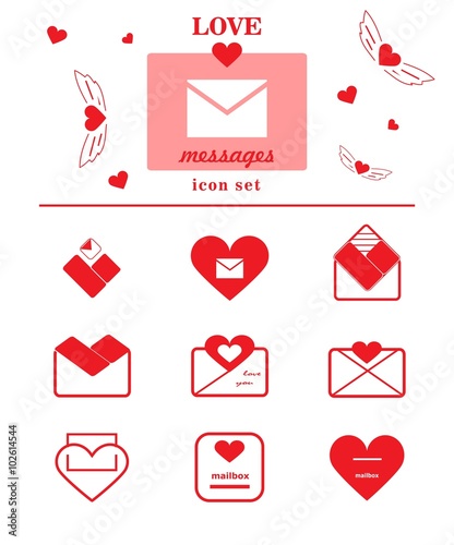 Set of envelope and heart icons that symbolise love and sympathy batween lovers photo