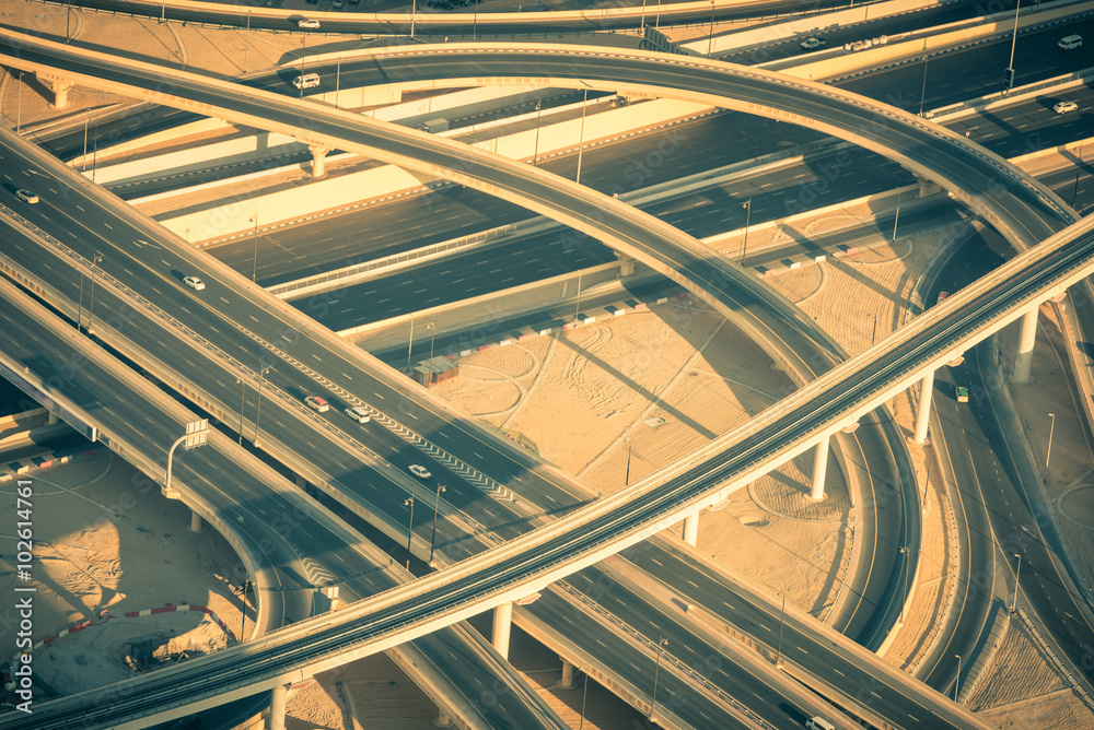 Fototapeta premium Top view of highway interchange in Dubai