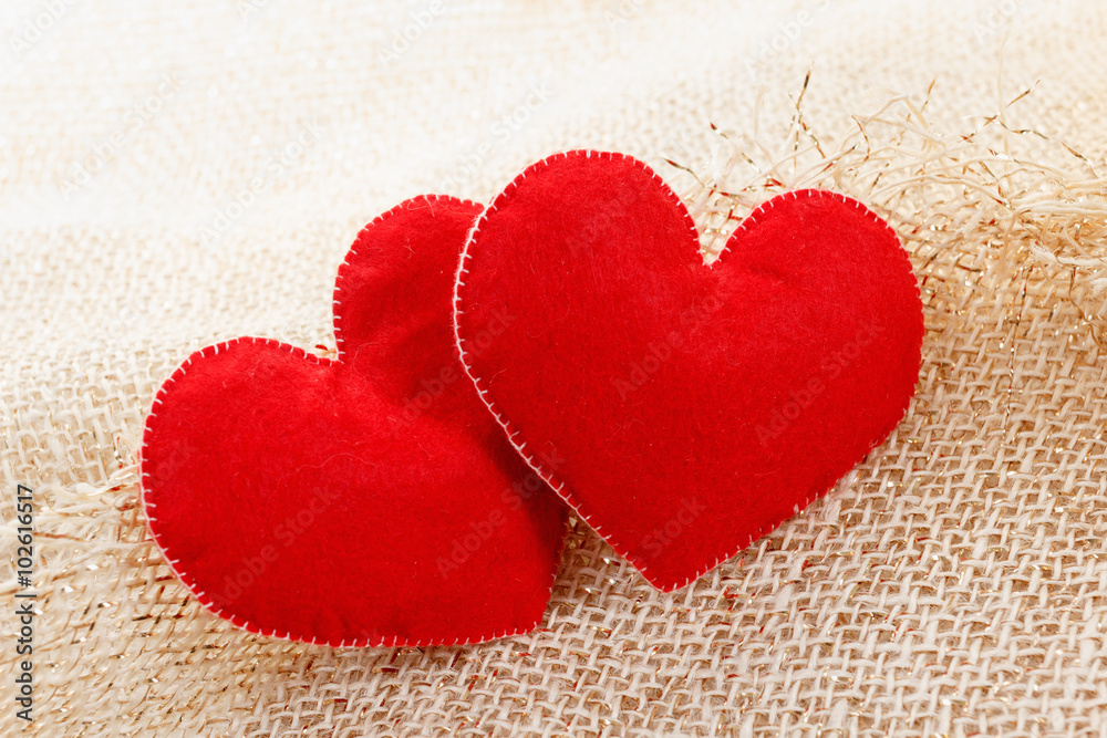Texture of sackcloth close up and heart shape from felt. Texture of sackcloth close up and heart shape from felt.