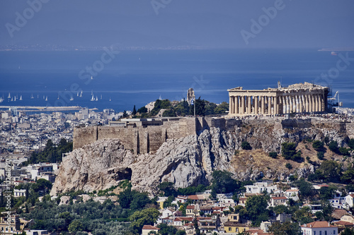 Athens Greece, acropolis and saronic gulf with some sailboats