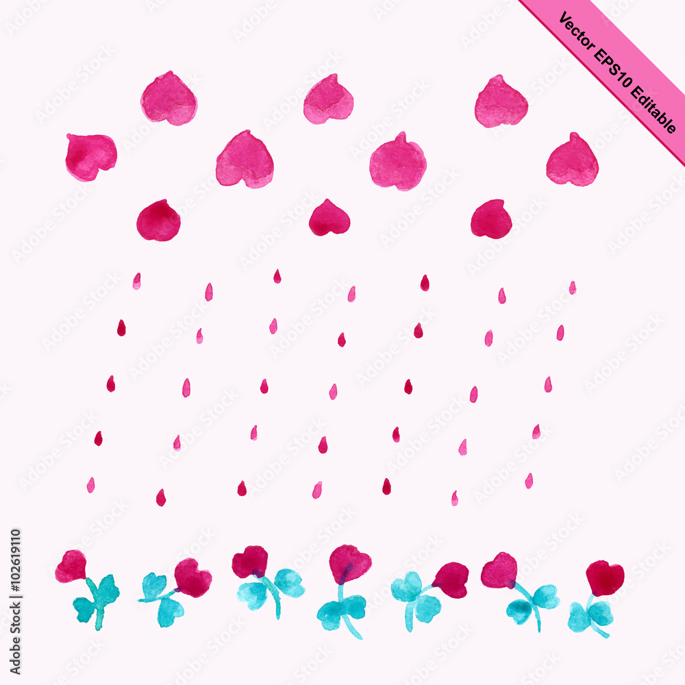 Watercolor love flower in pink and green color vector illustration nature with heart, rain drop and flower.