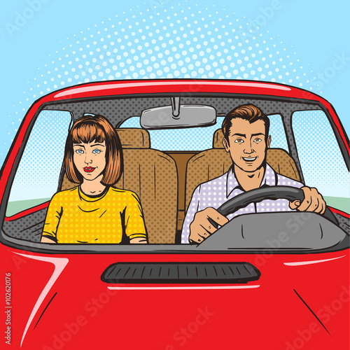 Family couple in car pop art style vector