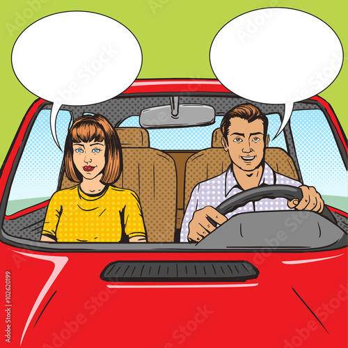 Family couple in car pop art style vector