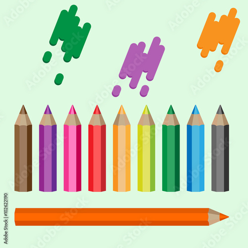 Varicolored pencils set. Ten crayons in a raw