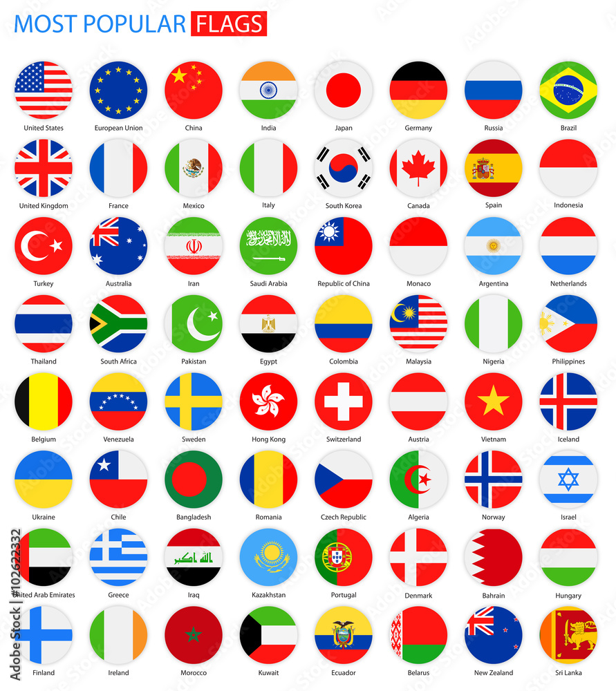 Flat Round Most Popular Flags - Vector Collection.Vector Set of National Flag Icons. Flat Round Most Popular Flags - Vector Collection.Vector Set of National Flag Icons.