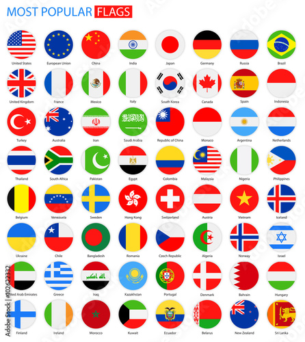 Flat Round Most Popular Flags - Vector Collection.Vector Set of National Flag Icons.