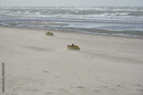 windy dutch beach with sign posts for race