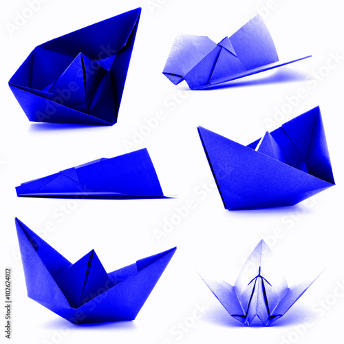 Blue origami collection, airplane, ship photoset isolated on white background