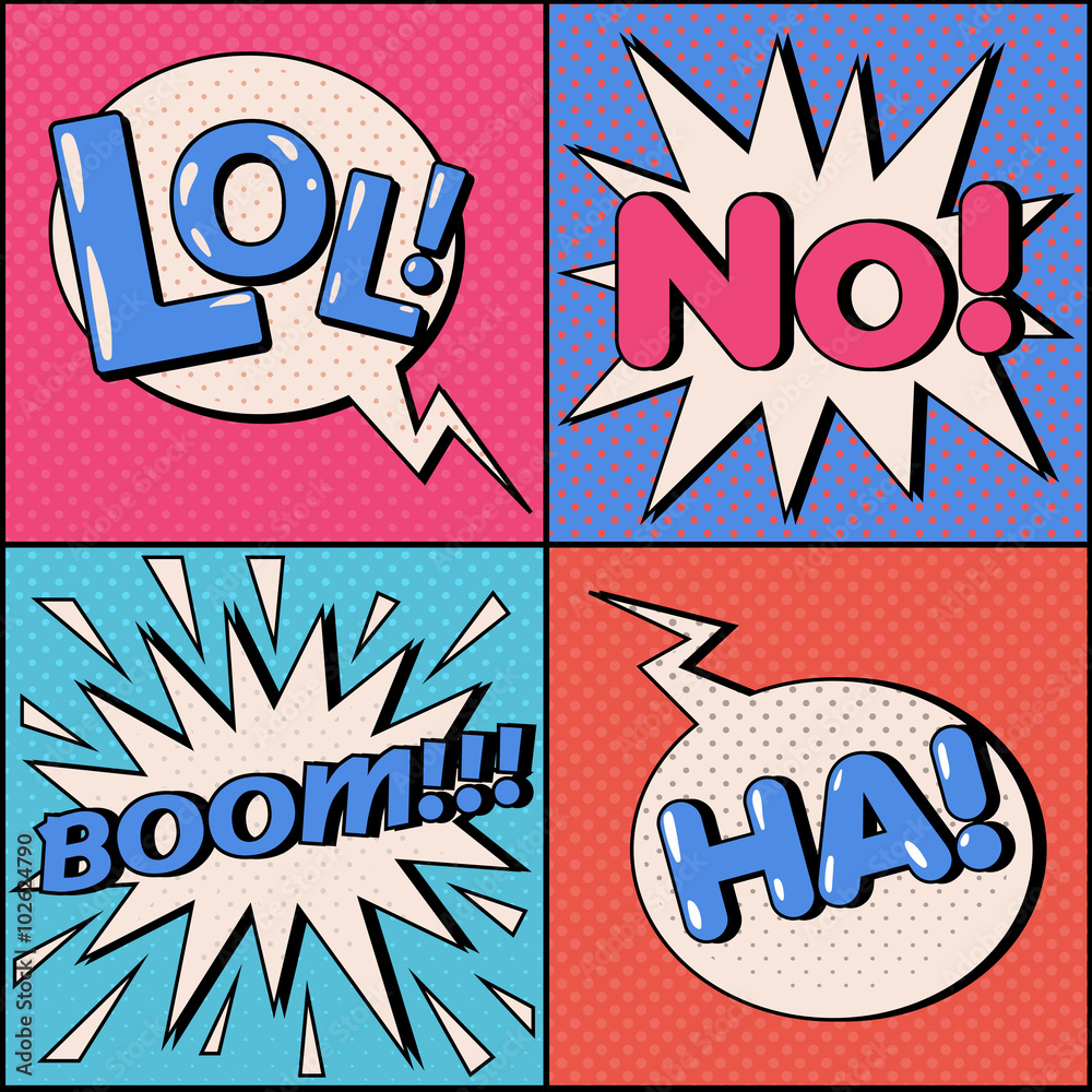 Set of Comics Bubbles in Pop Art Style. Expressions Lol, No, Ha, Boom