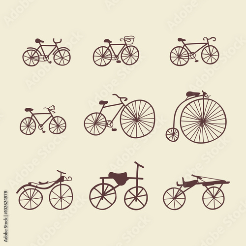 Set of doodle bicycles. Vector illustration. Ioslated objects clipart. Retro and modern bycicles. Vntage and contemporary bikes. Antique trolley.