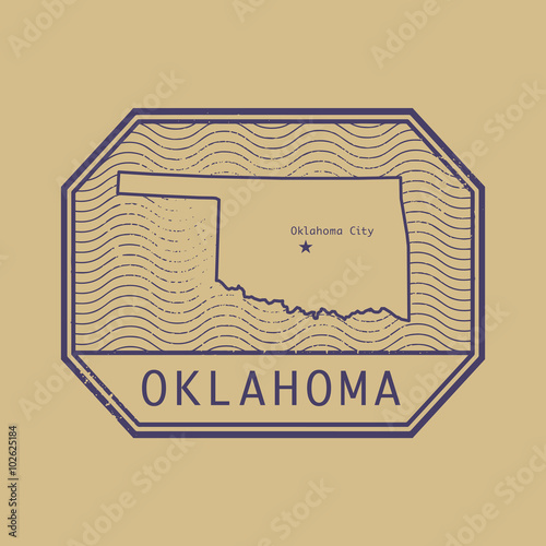 Stamp with the name and map of Oklahoma, United States