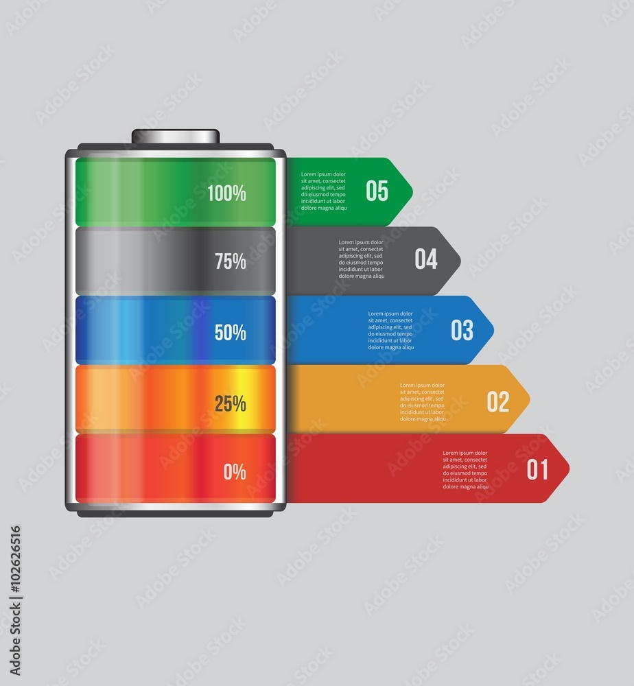 Vector battery element infographic template. Design concept for presentation, graph, diagram and chart. 5 options, parts, steps or processes. Abstract. EPS 10