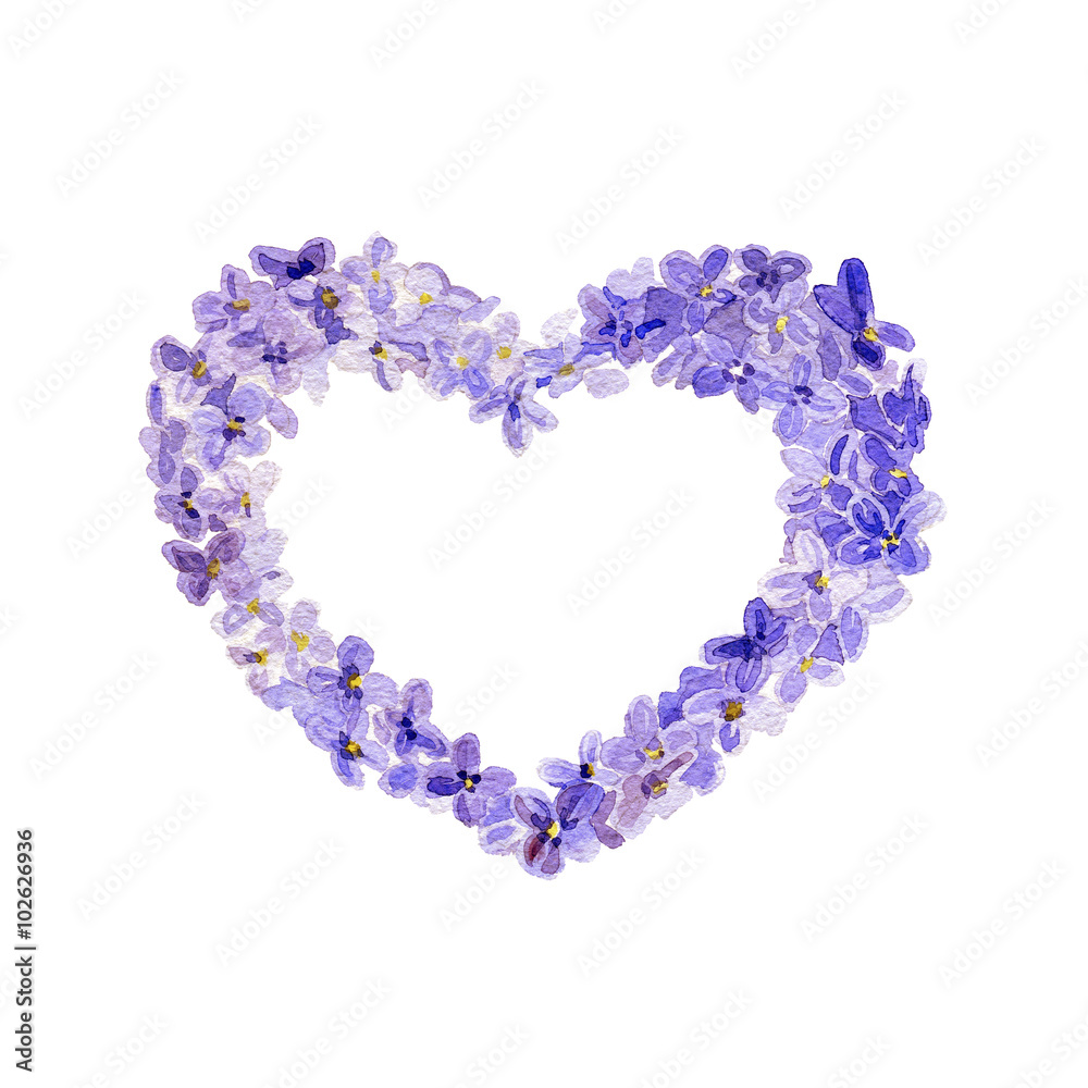 Watercolor lilac wreath in form of heart