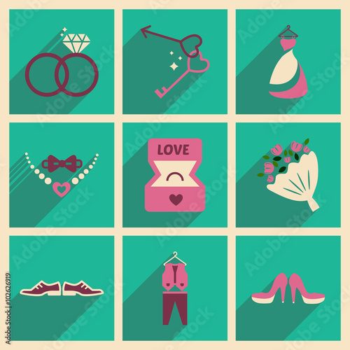 Set of flat web icons with long shadow wedding