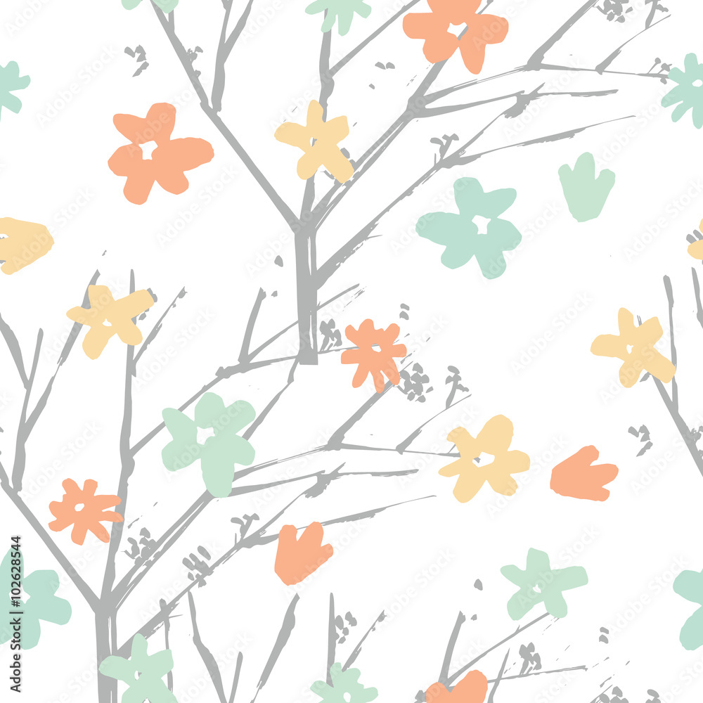 Vector floral pattern in hand drawn style with flowers and branc