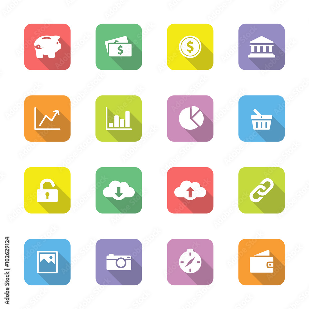 colorful web icon set 4 on rounded rectangle with long shadow