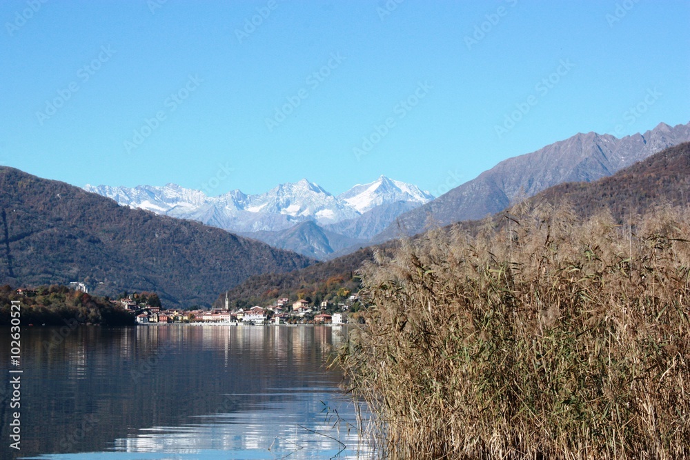 View to Mergozzo from the other side of Lake Mergozzo, Piedmont Italy