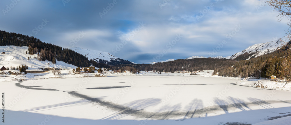 Panorama view of the frozen Davos Lake