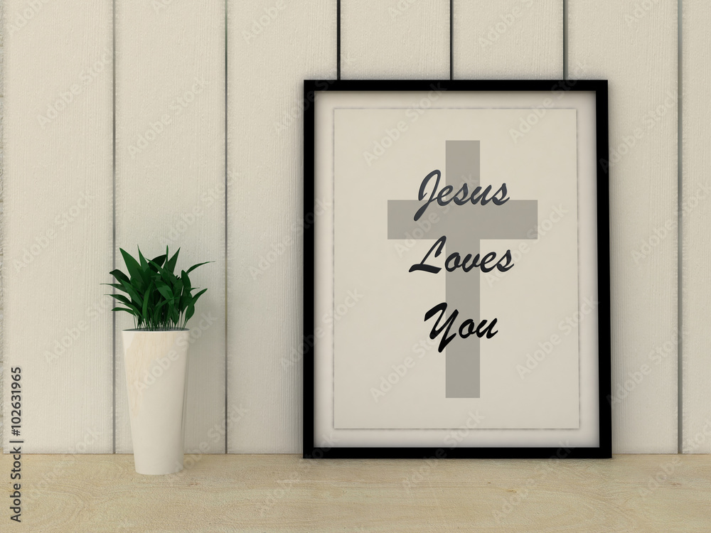 Faith religion concept. Jesus loves you quotation in frame Stock ...