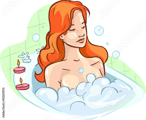 white background vector illustration of a  woman takes a bath
