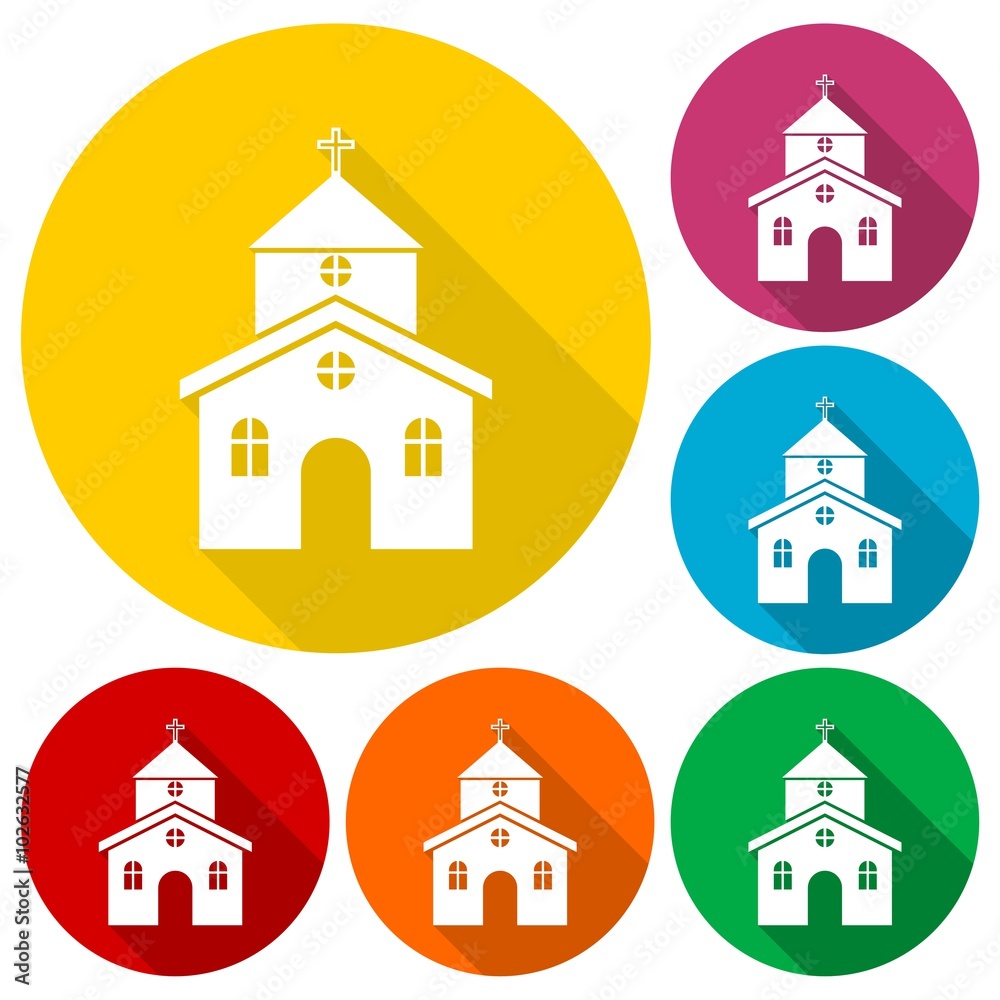Church building icons set with long shadow Church building icons set with long shadow