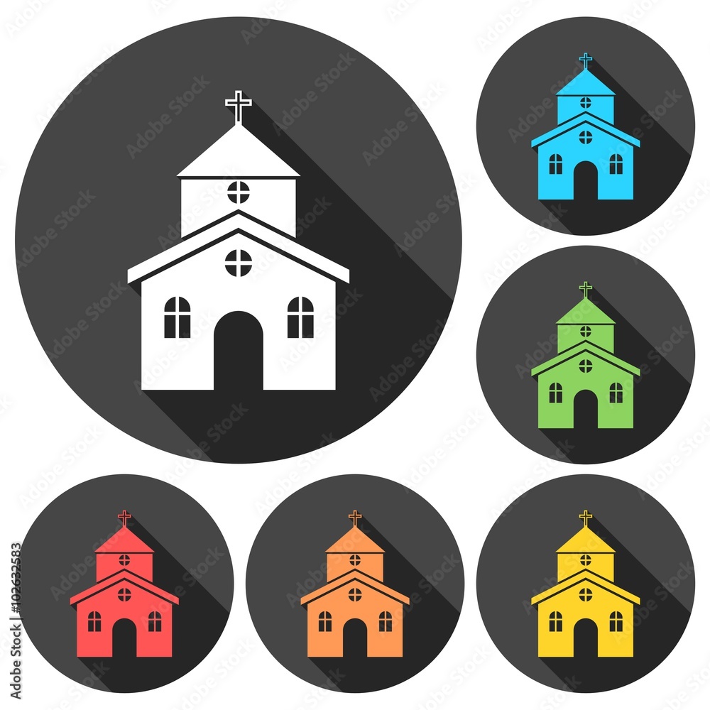 Church building icons set with long shadow Church building icons set with long shadow